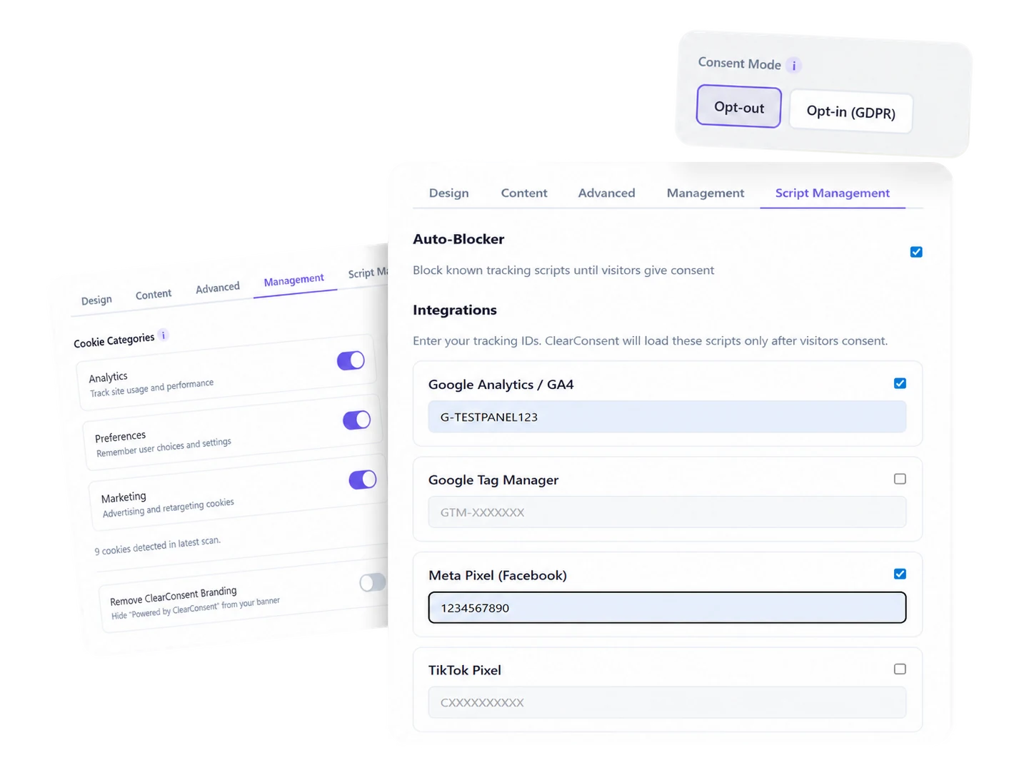 Auto-blocker integration manager &mdash; Google Analytics, GTM, Meta Pixel, TikTok Pixel. Cookie category toggles. GDPR opt-in / opt-out consent mode.