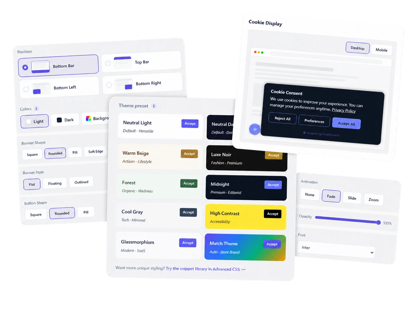 Cookie banner designer &mdash; theme presets and live preview.