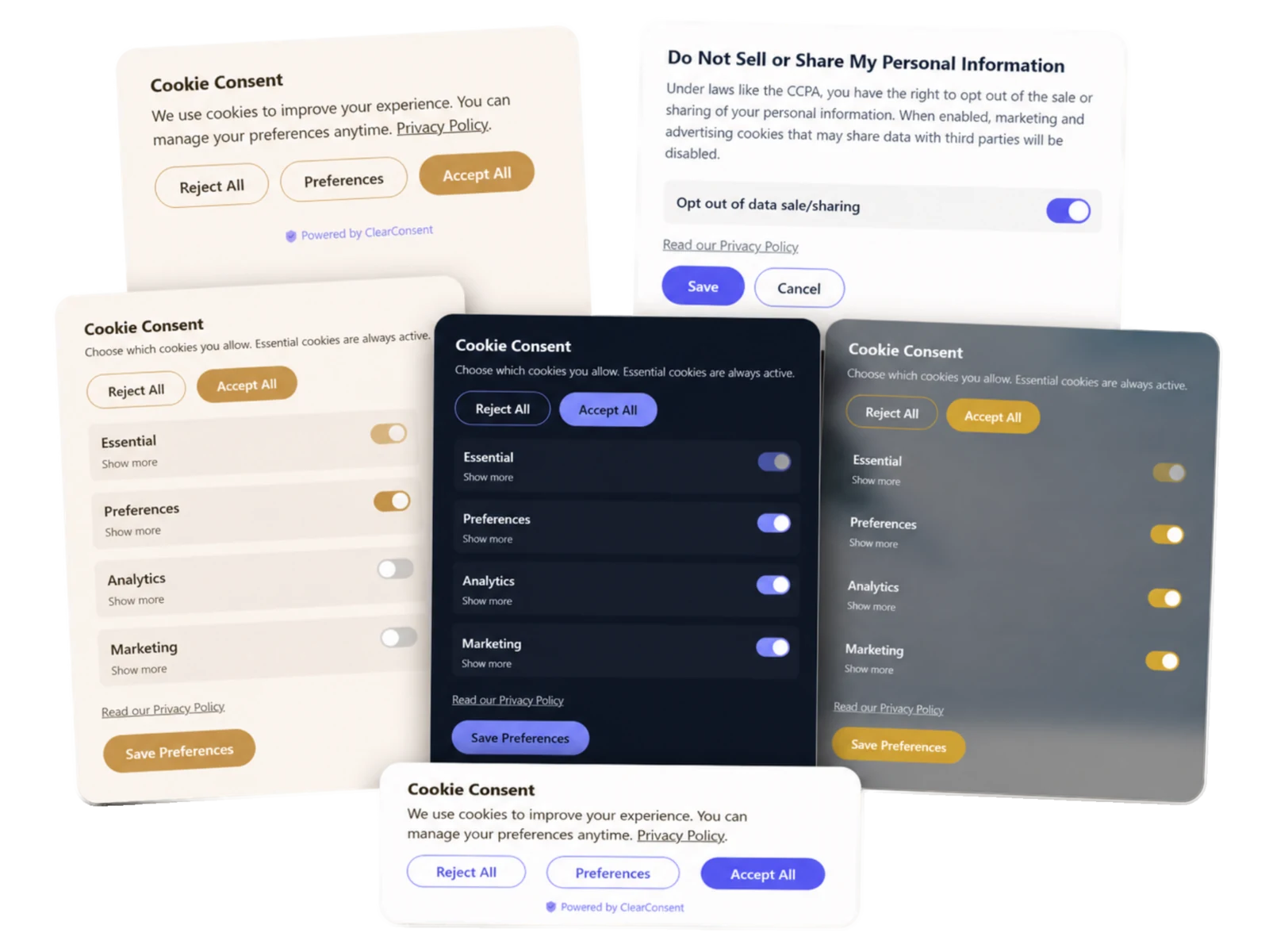 Five cookie consent banner variants &mdash; light theme, beige, dark, glassmorphism, and CCPA &ldquo;Do Not Sell or Share My Personal Information&rdquo; opt-out.