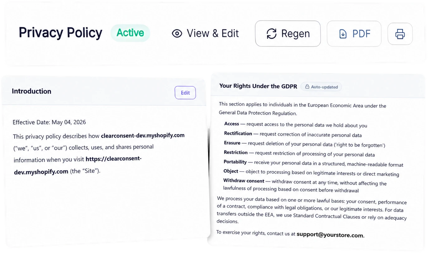 Privacy policy editor — Active badge with View & Edit, Regenerate, PDF, Print actions. Generated Introduction section and a 'Your Rights Under the GDPR' breakdown of data subject rights.